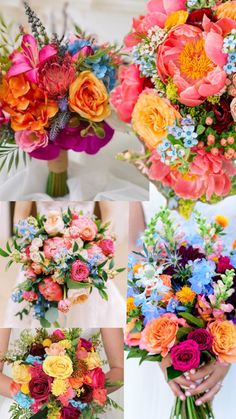 a collage of colorful bouquets with different flowers in each one's bouquet