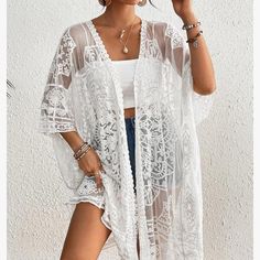 Brand New! First Photo Is Not The Exact Piece I Am Selling, Just Very Similar To Show Fit And Style! Perfect As A Swimsuit Coverup Or For Festivals, Coachella Vibe, Etc. Bought For A Music Festival And Never Wore! Size S/M. White Open Front Top For Summer, White Open Front Summer Top, Casual Summer Lace Cover-up, White Lace Kimono, Coachella Vibes, Lace Kimono, First Photo, So Pretty, Music Festival