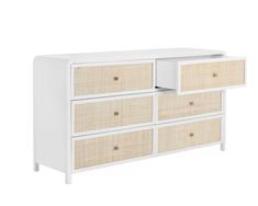 an image of a white dresser with wicker drawers