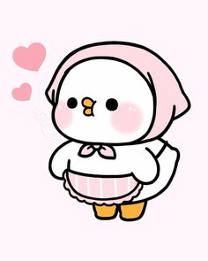 an adorable little bird with a pink hat and scarf on it's head standing in front of hearts