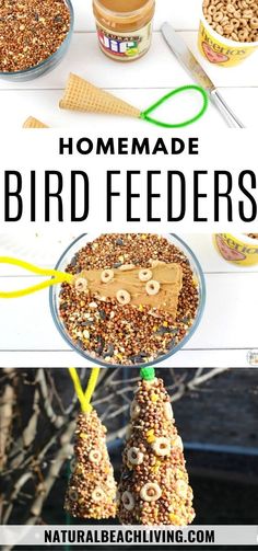 homemade bird feeders made out of cereal sticks and other things to make them look like birds