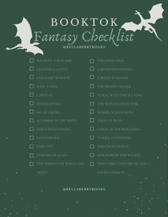 the book to fantasy checklist is shown on a green background with white stars in the sky