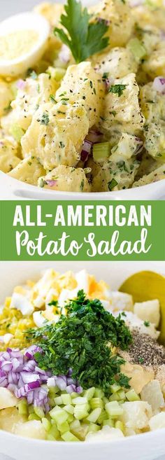 two plates filled with potato salad and an image of the same bowl full of potatoes