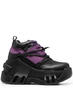 black/purple leather mesh panelling round toe front lace-up fastening pull-tab at the heel chunky rubber sole Your sneakers are custom-made and shipped within five weeks. Due to the bespoke nature of the service, SWEAR is unable to accept returns or offer refunds. Handmade in Portugal. Techwear Shoes, Rave Shoes, Platform Combat Boots, Punk Shoes, Purple Sneakers, Mid Top Sneakers, London Shoes, Purple Leather, Cool Boots