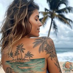 a woman on the beach with her back turned to the camera and palm trees in the background