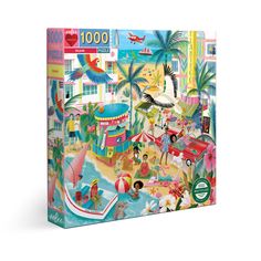 a puzzle box with an image of people on the beach and carnival rides in the background