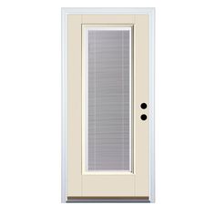 a white front door with blinds on the glass and sidelight, isolated against a white background