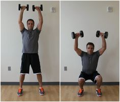 two pictures of a man doing exercises with dumbbells in front of a wall