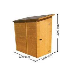 a wooden storage shed with measurements for the height and width, shown in front of a white background