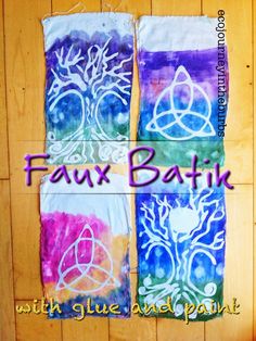 four different colored towels with the words faux batik on them in purple, green, blue and pink