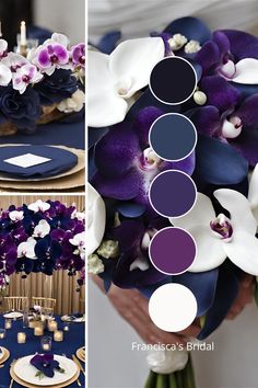 purple and white flowers are arranged on the table