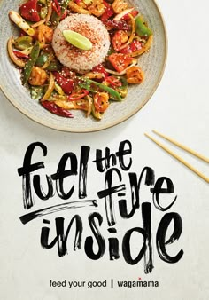 a plate with stir fry and chopsticks next to it that says feel the fire inside