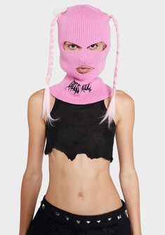 so you can rep your faves. This ski mask has a ribbed knit construction, embroidered black "Dolls Kill" logo graphics, and cut-outs on the top, eyes, and mouth. Pink Ski Mask Halloween Costume, Casual Balaclava For Streetwear, Pink Ski Mask Costume, Casual Streetwear Balaclava, Pink Full Face Balaclava For Winter, Pink Diamond Ski Mask, Pink Ski Mask, Ski Mask Fashion, Winter Streetwear Balaclava Mask