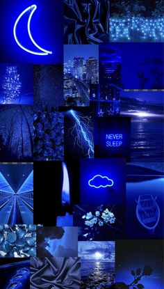 a collage of blue images with the words never sleep