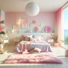 a bedroom decorated in pink and white with fluffy rugs on the floor, large window overlooking the ocean