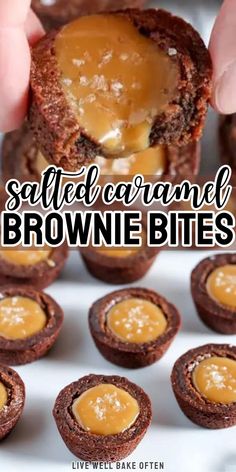 salted caramel brownie bites on a white plate with the words salted caramel brownie bites