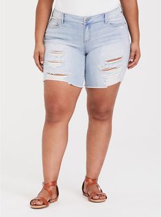 Plus Size Mid Bermuda Short - Distressed Light Wash, BLUE MORNING Cheap Mid-rise Medium Wash Bermuda Shorts, Blue Morning, Trendy Plus Size Fashion, Cropped Boyfriend Jeans, Chambray Fabric, Bermuda Short, Destroyed Denim, Mid Rise Shorts, Distressed Denim Shorts