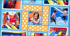 a collage of photos with people playing in the water and having fun on an inflatable slide