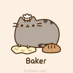 a drawing of a cat eating bread with the word baker on it's side