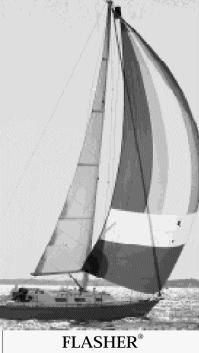 a black and white photo of a sailboat in the ocean with text that reads flasher