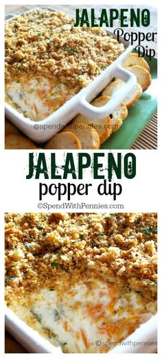 jalapeno popper dip casserole is shown in two different pictures