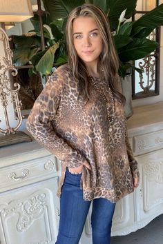 Women's Casual Leopard Full Print Coffee Long Sleeve T-Shirt Top Casual Brown Tops For Loungewear, Brown Crew Neck Top For Fall, Everyday Brown Tops With Graphic Print, Brown Graphic Print Top For Everyday, Trendy Brown Tops For Loungewear, Womens Painting, Cheap Clothing, Loose Sweater, Womens Clothing Stores