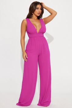 Take Me To Another Place Jumpsuit - Magenta | Fashion Nova, Jumpsuits | Fashion Nova Fitted Pink Wide Leg Jumpsuit, Magenta Jumpsuit, Pink V-neck Jumpsuits For Work, Casual Pink V-neck Jumpsuits And Rompers, Pink V-neck Jumpsuit For Loungewear, Magenta Fashion, Blue And Magenta, Jumpsuit Fashion, Curve Dresses