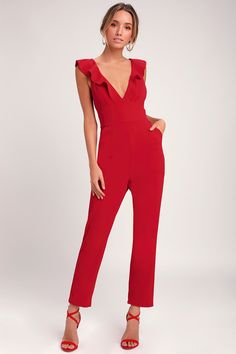 Chic Red Jumpsuit - Ruffled Jumpsuit - Red Formal Jumpsuit Red Halter Jumpsuit, Rompers Dressy, Trendy Jumpsuit, Formal Jumpsuit, Ruffle Jumpsuit, Sorority Recruitment, Strapless Jumpsuit, Red Jumpsuit, Red Sequin