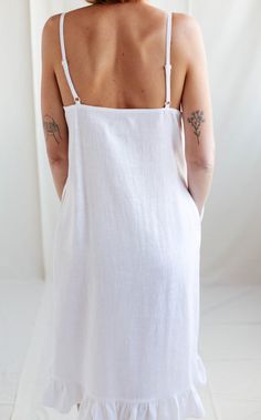 Linen ruffled hem slip dress / White linen nightie / MITS | Etsy Casual Summer Dresses For Relaxation, Unlined Linen Dress For Daywear, Summer Linen Sleep Dress, Relaxed Fit Unlined Dresses For Loungewear, Relaxed Fit Lounge Dress, Spring Cotton Slip Dress For Loungewear, Casual Linen Slip Dress With Adjustable Straps, Relaxed Linen Summer Dress, Casual Linen Slip Dress