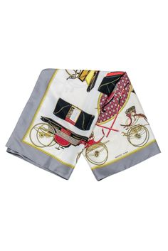 Buckle up for a luxurious ride with this super chic Hermes carriage print scarf. Crafted from 100% silk, this printed piece features a dreamy white and red carriage pattern, made to take your style to new heights! A stunning statement piece for any wardrobe. Made in France 100% Silk Care tag is not provided Length 35.5" Width 35" Luxury Silk Scarf For Summer, White Silk Summer Scarf, Luxury Silk Scarves For Summer, Luxury White Silk Scarves, Designer White Silk Scarves, Dreamy Whites, Hermes Scarf, Buy Shoes Online, Care Tag