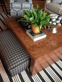 a coffee table with a plant on it in front of a couch and ottomans