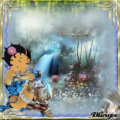 a painting of a boy and girl in front of a waterfall