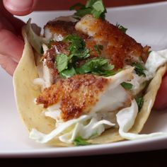 a person is holding a fish taco on a plate