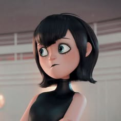 an animated woman with black hair and green eyes wearing a black dress, standing in front of a white wall