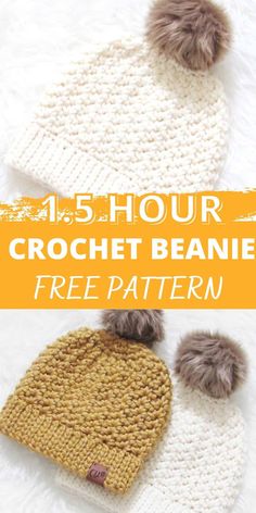 a crochet beanie with two pom - poms on top and the words, 4 hour crochet beanie free pattern