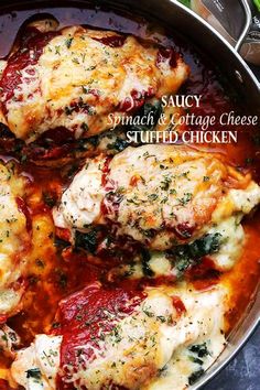 chicken parmesan with sauce and cheese in a pan