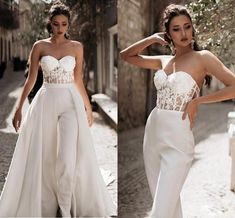 two photos of a woman in white wedding gowns, one is wearing a strapless top and pants