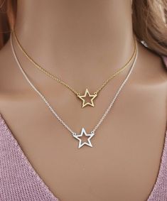 925 Sterling Silver Open Star Pendant Real 925 Sterling Silver NOT SILVER PLATED High Quality Silver Pendant High polished rhodium finish gives this pendant a stunning shiny look that lasts many years. We have hundreds Silver Jewelry in stock. If you don't see what you are looking , feel free to ask us. Trendy, dainty, luxurious, classic with modern touch, elegant and fancy, fine quality made 925 Sterling Silver open star pendant Descriptions 925 Sterling Silver Open Star Pendant Metal Type: 925 Adjustable Star Charm Necklaces, Adjustable Star Charm Necklace, Star-shaped Charm Necklaces For Jewelry Making, Star Celestial, Layered Necklaces Silver, Celestial Necklace, Layering Necklace, Star Pendant, Star Necklace