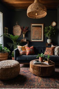 a living room filled with lots of furniture and plants on top of a wooden table