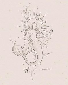 a black and white drawing of a mermaid with butterflies on her back, sitting in the water