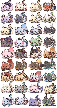 a bunch of cartoon cats with different colors and sizes on it's back side