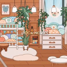 a cartoon bedroom with plants and furniture in the corner, tocanes are hanging from the ceiling