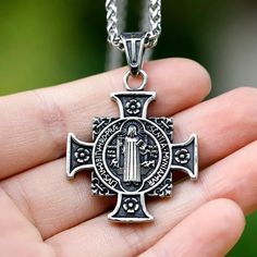 Sacred Cross Jesus Necklace Stainless Steel Pendant Vintage Religious Jewelry Crucifix Necklace The Catholic Company, Hand Made Cross Necklace, Prayer Hand, St Benedict Cross, Jesus Necklace, Mens Cross Necklace, Hand Pendant, Cross Jesus, Necklaces Pendant