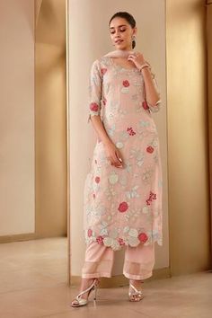 Shop for Osaa by Adarsh Pink Tissue Floral Embroidered Kurta Pant Set for Women Online at Aza Fashions Gopi Vaid, Kurta And Sharara, Kurti Sleeves, Yellow Kurta, Kurti Sleeves Design, Kurta Pant Set, Suit Pattern, Designer Party Wear Dresses, Straight Kurta