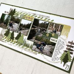 a scrapbook page with trees and mountains in the background, along with an image of a hiker