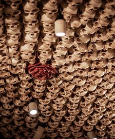 a bunch of skulls that are hanging from the ceiling and some lights in front of them