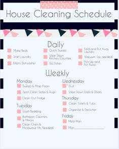 the house cleaning schedule is shown in pink and black