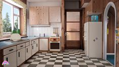 a kitchen with black and white checkered flooring next to an open window on the wall