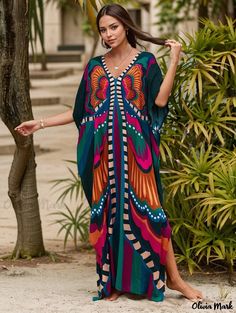 Olivia Mark - Stylish and Elegant Plus Size Boho Cover Up: Womens Plus Butterfly Print Bat Sleeve V Neck Split Hem Dress Plus Size Cover Up, Plus Size Bohemian, Plus Size Boho, Split Hem Dress, Bohemian Maxi, Bohemian Maxi Dress, Bat Sleeve, Tankini Set, Estilo Boho