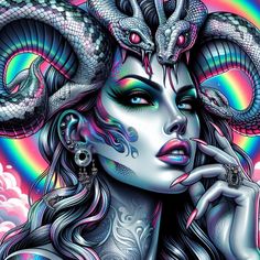 Medusa Greek Mythology, Greek And Roman Mythology, Trippy Wallpaper, Roman Mythology, Skull Wallpaper, Greek Mythology, Fantasy Creatures, Dark Fantasy, Digital Art